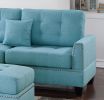 Modern Blue Color 3pcs Sectional Living Room Furniture Reversible Chaise Sofa And Ottoman Tufted Polyfiber Linen Like Fabric Cushion Couch Pillows