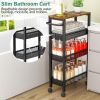 Slim Storage Cart with Wheels, 4 Tier Small Rolling Cart with Wood Top, Metal Kitchen Bathroom Laundry Room