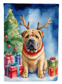 Shar Pei Christmas Reindeer House Flag Large Porch Sleeve Pole Decorative Outside Yard Banner Artwork Wall Hanging, Polyester, House Size, Multicolor