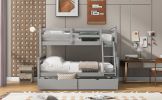 Twin over Full Bunk Bed with Ladder, Two Storage Drawers, Safety Guardrail, Gray
