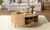 U-Can Minimalist Round Lift-Top Coffee Table with Hidden Storage, Sliding Door, Pine Legs, and Wood Wave Finish