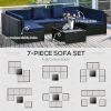Outsunny 7-Piece Rattan Couch, Outdoor Patio Furniture Set, with Removable Cushions and Ottoman, Glass Coffee Table- Dark Coffee/Blue