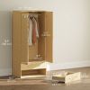 Modern Wardrobe Closet Armoire with 2 Drawers and Hanging Rod, Clothes Storage Organizer for Bedroom, Natural Wood