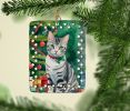 American Shorthair Cat By the Christmas Tree Porcelain Ornament Christmas Tree Hanging Decorations for Home Christmas Holiday, Rectangle, Gift