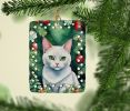 Khao Manee Cat By the Christmas Tree Porcelain Ornament Christmas Tree Hanging Decorations for Home Christmas Holiday, Rectangle, Gift, Multicolor