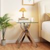 Glass Side Table Square End Table with Tempered Glass Top and Metal X Base
