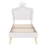 Twin Size Upholstered Bed Frame with LED Lights, Modern Upholstered Princess Bed With Crown Headboard,White