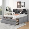 Full Size Wooden Captain Bed with Built-in Bookshelves, Three Storage Drawers and Trundle, Light Grey