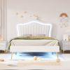 Twin Size Upholstered Bed Frame with LED Lights, Modern Upholstered Princess Bed With Crown Headboard,White