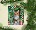 Pixie Bob Cat By the Christmas Tree Porcelain Ornament Christmas Tree Hanging Decorations for Home Christmas Holiday, Rectangle, Gift, Multicolor