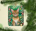 Chausie Cat By the Christmas Tree Porcelain Ornament Christmas Tree Hanging Decorations for Home Christmas Holiday, Rectangle, Gift, Multicolor