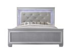 1pc Modern King LED Faux Leather Upholstery Panel Bed Beveled Mirror Accents Textured Footboard Silver Beige Finish