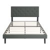 Queen Size Upholstered Platform Bed Frame with Modern Button Tufted Linen Fabric Headboard, No Box Spring Needed, Wood Slat Support, Easy Assembly, Da