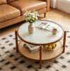 Walnut Boho 2Tier Round Coffee Table, PE Rattan Accent Side Table with Tempered Glass Top