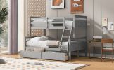 Twin over Full Bunk Bed with Ladder, Two Storage Drawers, Safety Guardrail, Gray