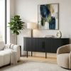 Black Embossed Particle Board TV Stand, Oval Tabletop 147Ãƒâ€”35Ãƒâ€”58cm, Entertainment Center with Slatted Sliding Doors