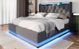 Queen size Upholstered bed, 360 surround LED function, Buttons/Apps/Remote Control, hydraulic storage bed with USB Type-C charging, Gray