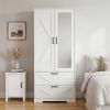 2 Door Wood Wardrobe for Bedroom with Hanging Clothing Rod inside the Cabinet and 2 Drawers for Storage Organization
