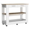 Kitchen Island 36" H, Six Casters, Two Drawers, Two Open Storage Shelves, Towel Hanger, White/Light Oak