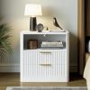 Fluted Night Stand Set of 2, Modern Nightstand with Charging Station, Drawers and Open Shelves - Bedside Table Wood Side Table Set for Bedroom, White