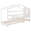 Wood House Bed Twin Size, 2 Twin Solid Bed L structure with fence and slatted frame, White