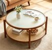Walnut Boho 2Tier Round Coffee Table, PE Rattan Accent Side Table with Tempered Glass Top