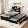 Twin Size Wooden LED Platform Bed with Trundle, with Storage Headboard, with Drawers, Espresso(Old SKU: N820S00008D)