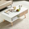 Rectangle Coffee Table with Solid Wood Legs, Sliding Drawer for Storage, Modern Table for Living Room , White