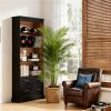 Bookshelf with storage space, vertical display rack, and lined cabinet