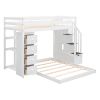 Twin Over Full Bunk Bed with 3-layer Shelves, Drawers and Storage Stairs, White