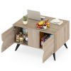 31.5" Multi-Storage Coffee Table - 3-Door Cabinet+Back Open Compartment, Natural Wood Texture