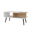 White and Natural Oak Coffee Table with Open Storage and Conical Legs