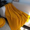 SOGA Yellow Diamond Pattern Knitted Throw Blanket  with Tassels