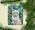 Foreign White Cat By the Christmas Tree Porcelain Ornament Christmas Tree Hanging Decorations for Home Christmas Holiday, Rectangle, Gift, Multicolor