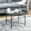 Cafe Table for Living Room, 24" Round Center Table with Hammered Tray Top and Metal Frame for Bedroom, Pewter