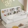 A twin-sized wooden floor bed with a fence-style guardrail, side storage decorative function, and the color is white