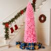 7.5 FT Hinged Christmas Tree, Artificial Pencil Christmas Tree, Unlit Artificial Christmas Pine Tree with 1075 Branch Tips and Sturdy Stand, Pink