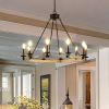 Rustic Farmhouse 10-Light Candle Chandelier, Black Metal and Wood Round Hanging Light Fixture for Dining Room, Kitchen, Living Room, Adjustable Height