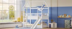 House Bunk Bed with Convertible Slide and Ladder, Floor Bunk Bed Twin Over Twin with Safety Guardrail