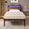 Twin Size Metal Platform Bed Frame with Wooden Headboard and Footboard with USB LINER, LED Lights ,No Box Spring Needed, Large Under Bed Storage, Easy