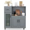 Gray Kitchen Island Cart with Microwave Shelf, Drawer & 2-Door Cabinet, 360Ã‚Â° Swivel Casters