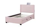 PINK TWIN SIZE UPHOLSTERED BED FRAME WITH TRUNDLE BED, TEDDY FABRIC, USB FUNCTIONALITY, AND A POCKET DESIGN ON THE SIDE OF THE HEADBOARD FOR STORING S