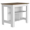Kitchen Island, kitchen table 35" H, Four Legs, Three Open Storage Shelves, White / Walnut