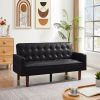 Black Convertible Double Folding Living Room Sofa Bed, PU Leather, Tufted Buttons, Removable Wooden Feet