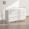 6 Drawer Double Dresser for Bedroom, Fluted Chest of Drawers with Gold Finger Pulls and 5 Wood Legs, White