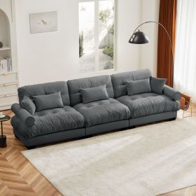 Extra Large 3 Seat Modern Velvet Sofa, Oversize Sofa, Clould Like Comfortable Seat and Back Support, With Waist Pillows and Throw Pillows,Grey