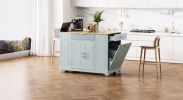 K&K Fluted Kitchen Island with Trash Can Storage Cabinet, Power Outlet, Internal Storage Rack, Rolling Kitchen Islands on 5 Wheels with 3 Drawer