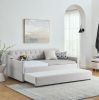 Twin Size Upholstery DayBed with Twin Size Erectable Trundle and USB Charging Design, Linen Beige