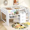 Full Size Low Loft Bed with Built-in Desk, Storage Cabinets and Open Bookcase, Whiteboard for Graffiti, White