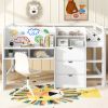 Full Size Low Loft Bed with Built-in Desk, Storage Cabinets and Open Bookcase, Whiteboard for Graffiti, White
